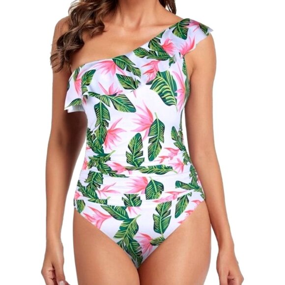 Hilor Womans 14 Tropical One Piece Tummy Control Swimsuit One Shoulder Ruffle - Picture 1 of 7